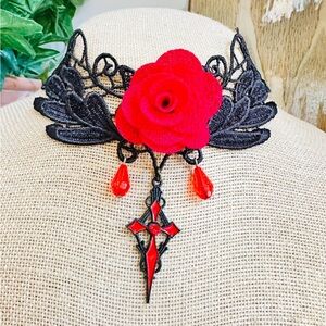 Elegant Black and Red Rose Choker Necklace